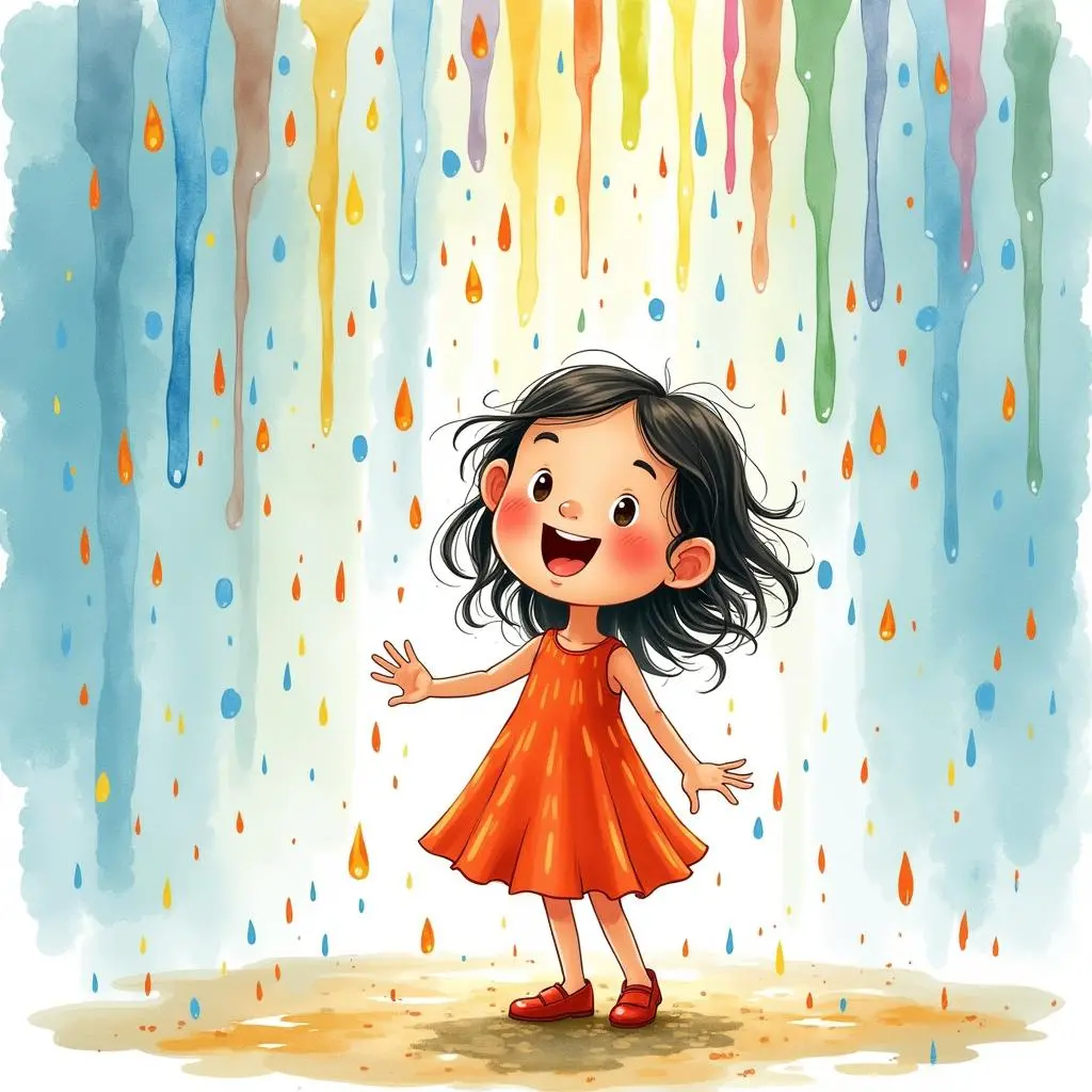 小女孩在彩色雨滴中旋转