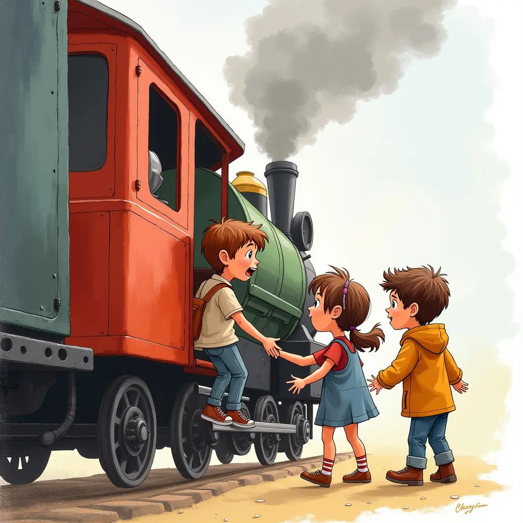 孩子们兴奋地登上列车
