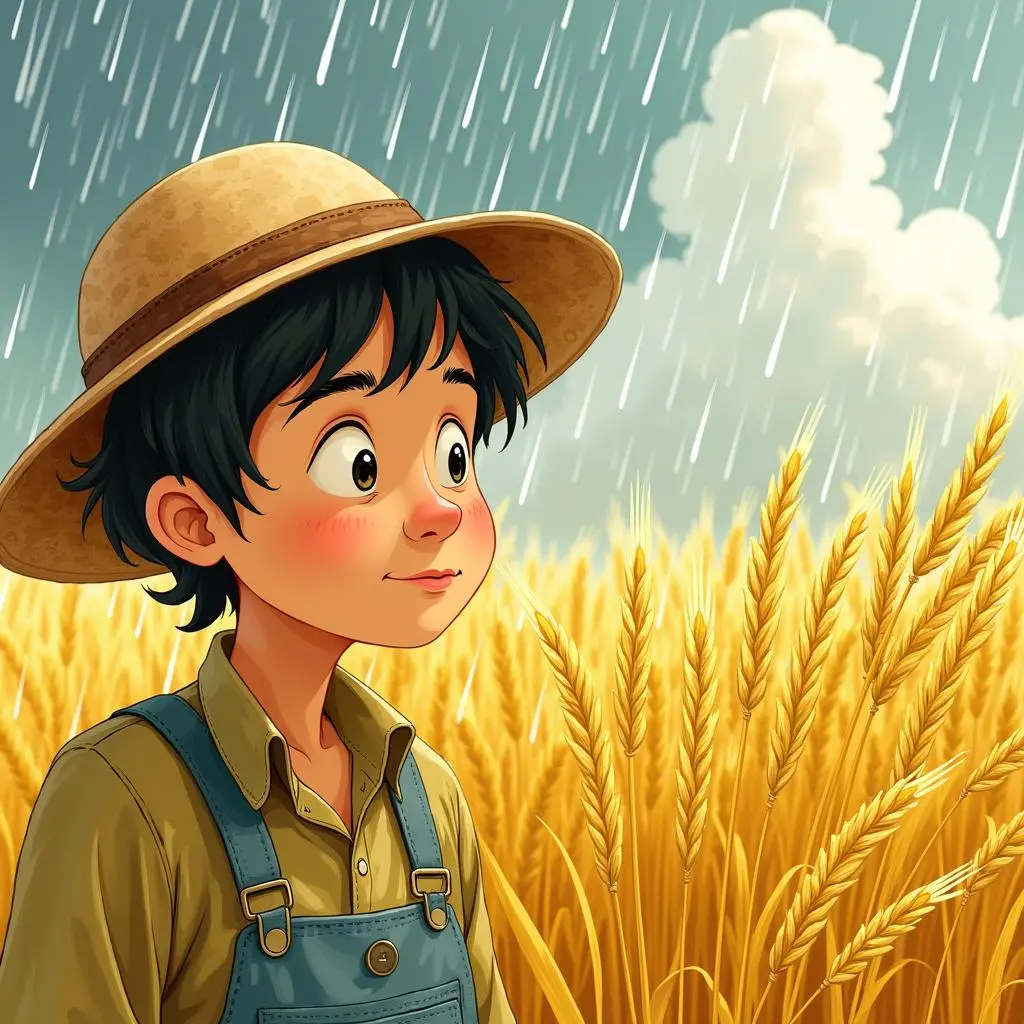 农夫站在雨中思考