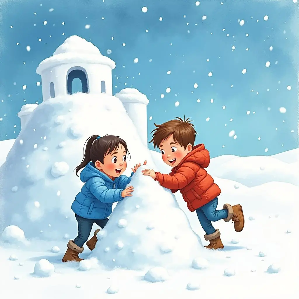 孩子们开始堆雪