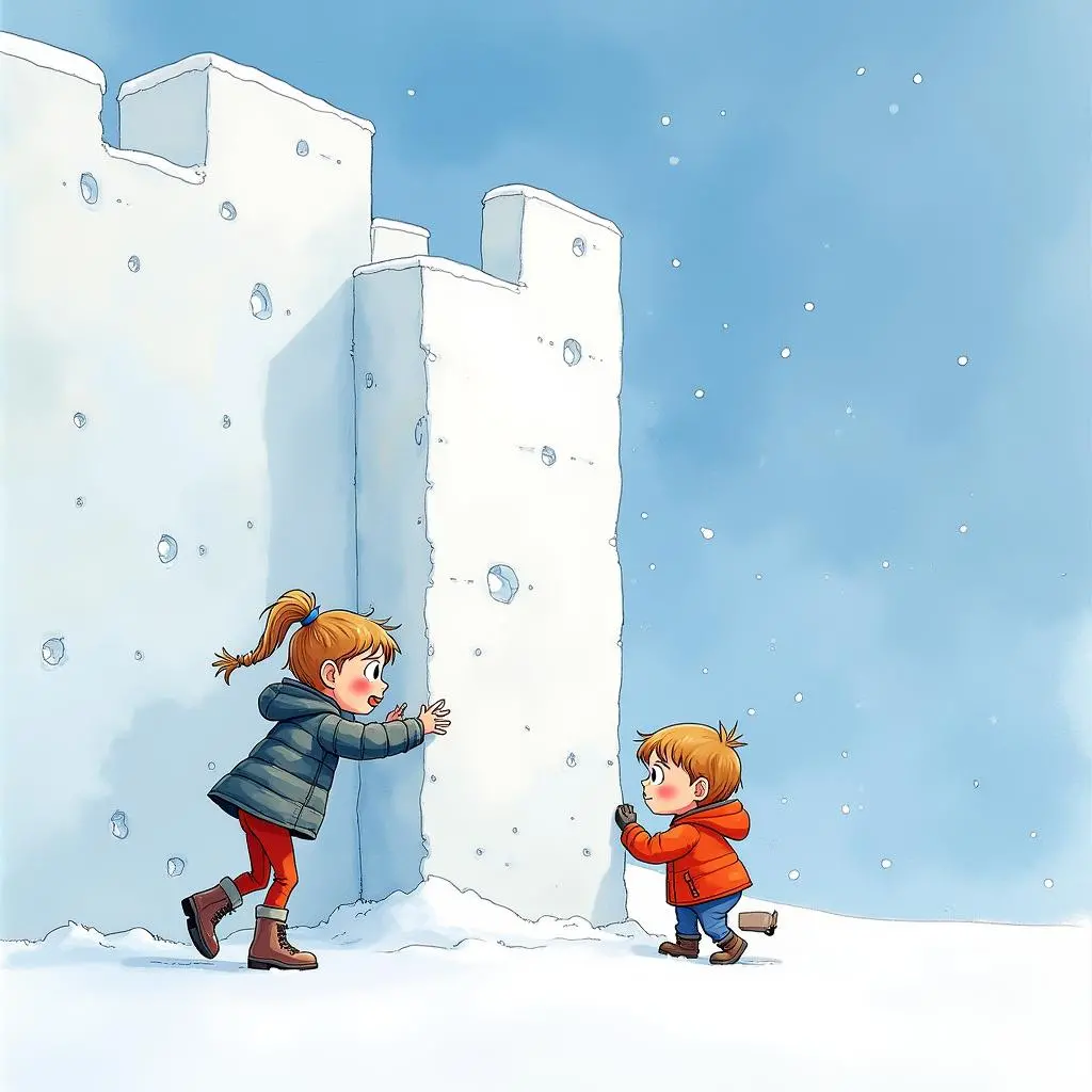 孩子们一起加固雪墙
