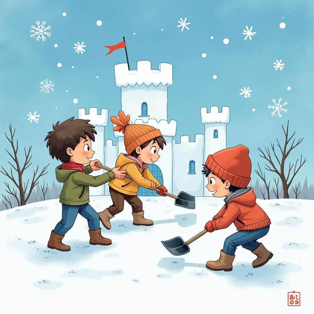 孩子们开始铲雪