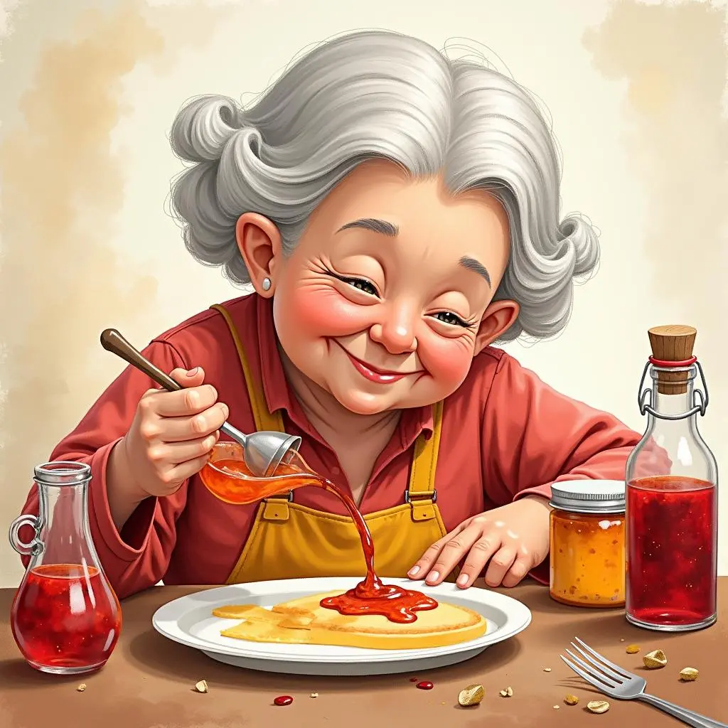 奶奶将果酱装瓶