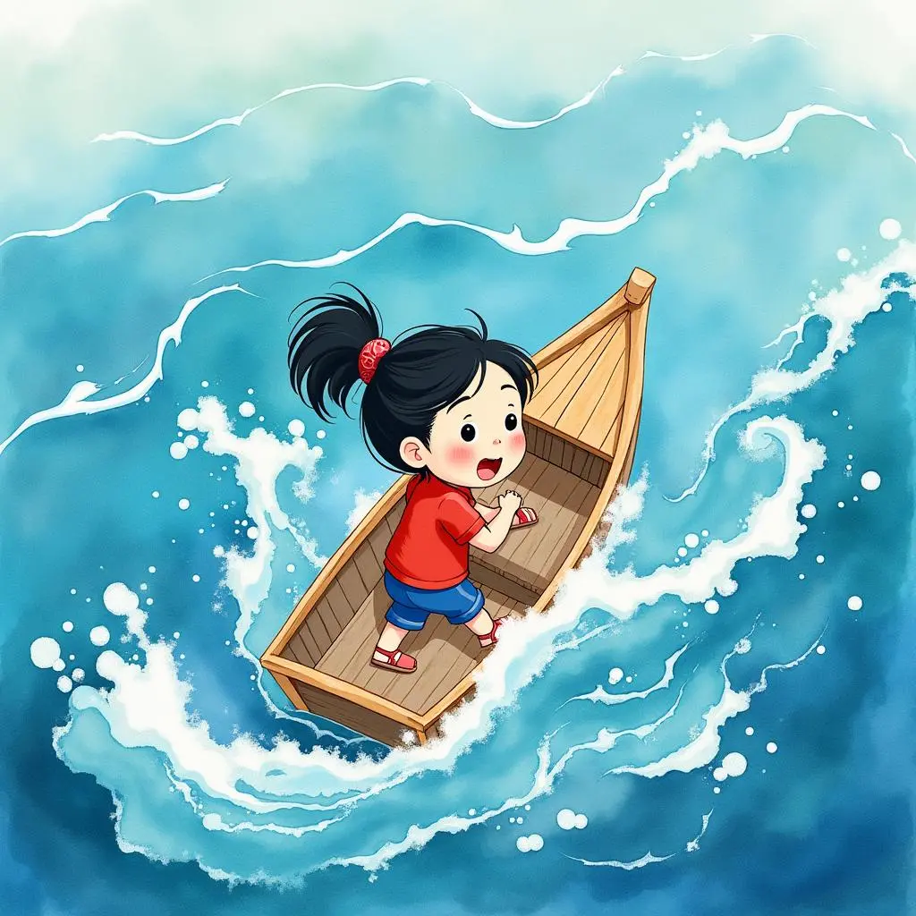 女娃在海上划船