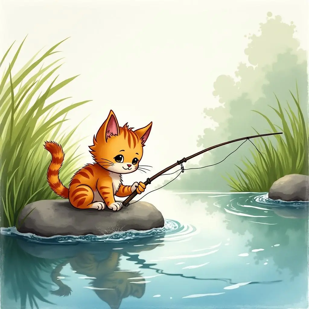小猫坐在河边钓鱼