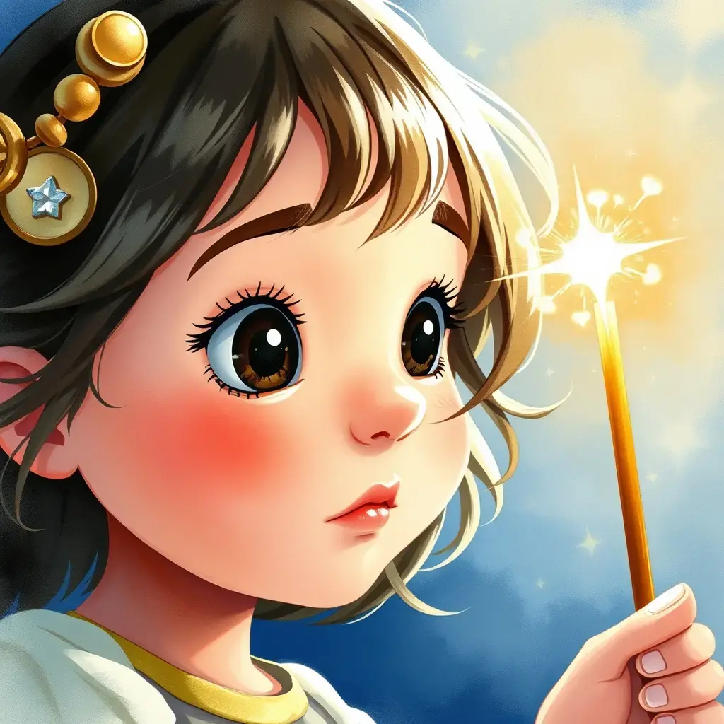 小女孩拿着魔法杖好奇地看
