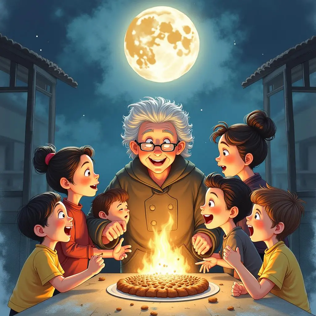 孩子们围着老奶奶