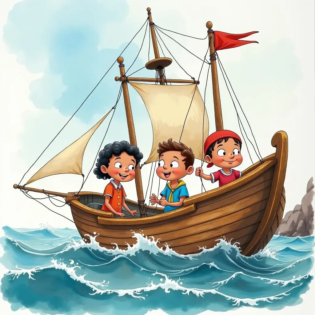 孩子们登上小船出发