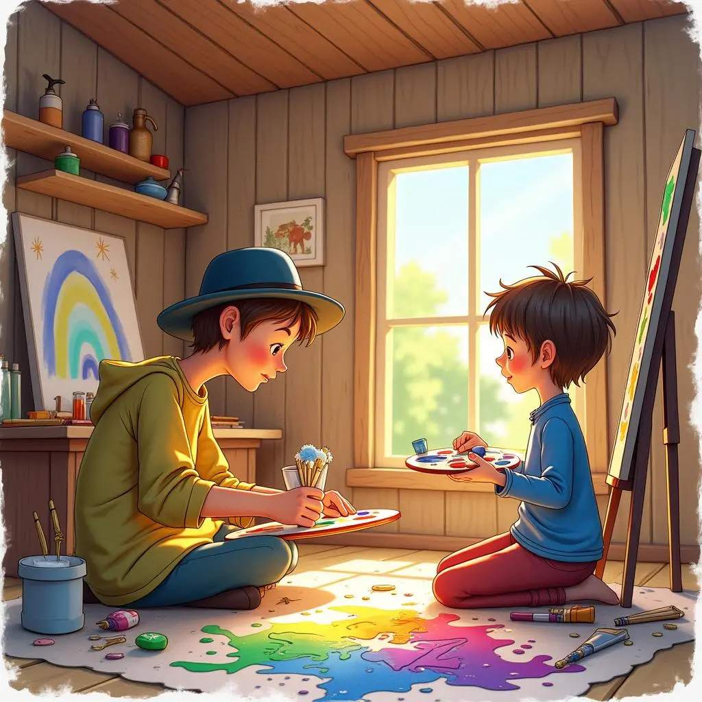 彩虹邮差在木屋给画家送颜色
