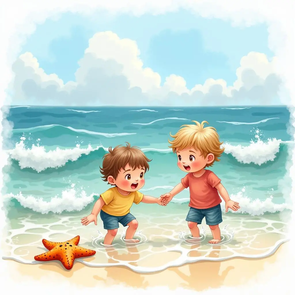 孩子们在浅海触摸海星