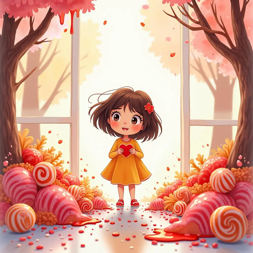 小女孩在堆满糖果的地方