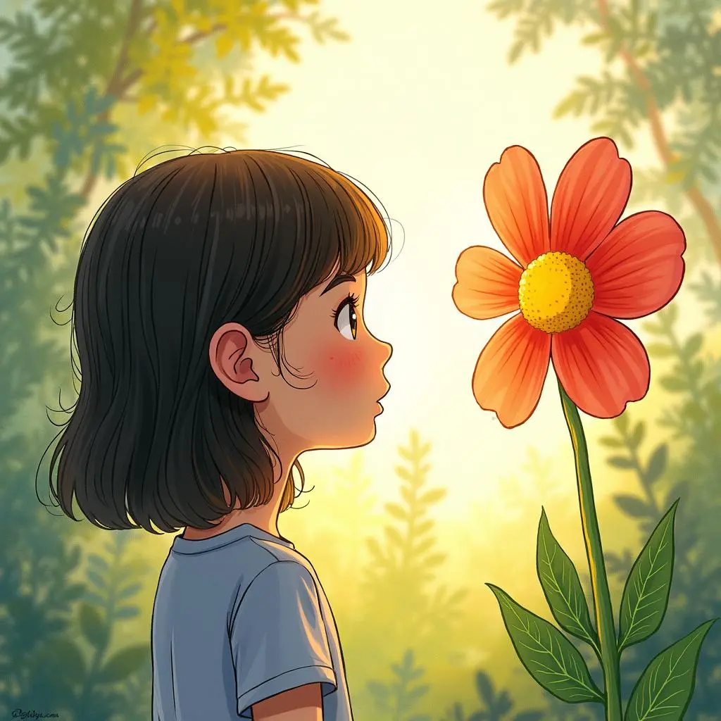 小女孩看着最后一片花瓣