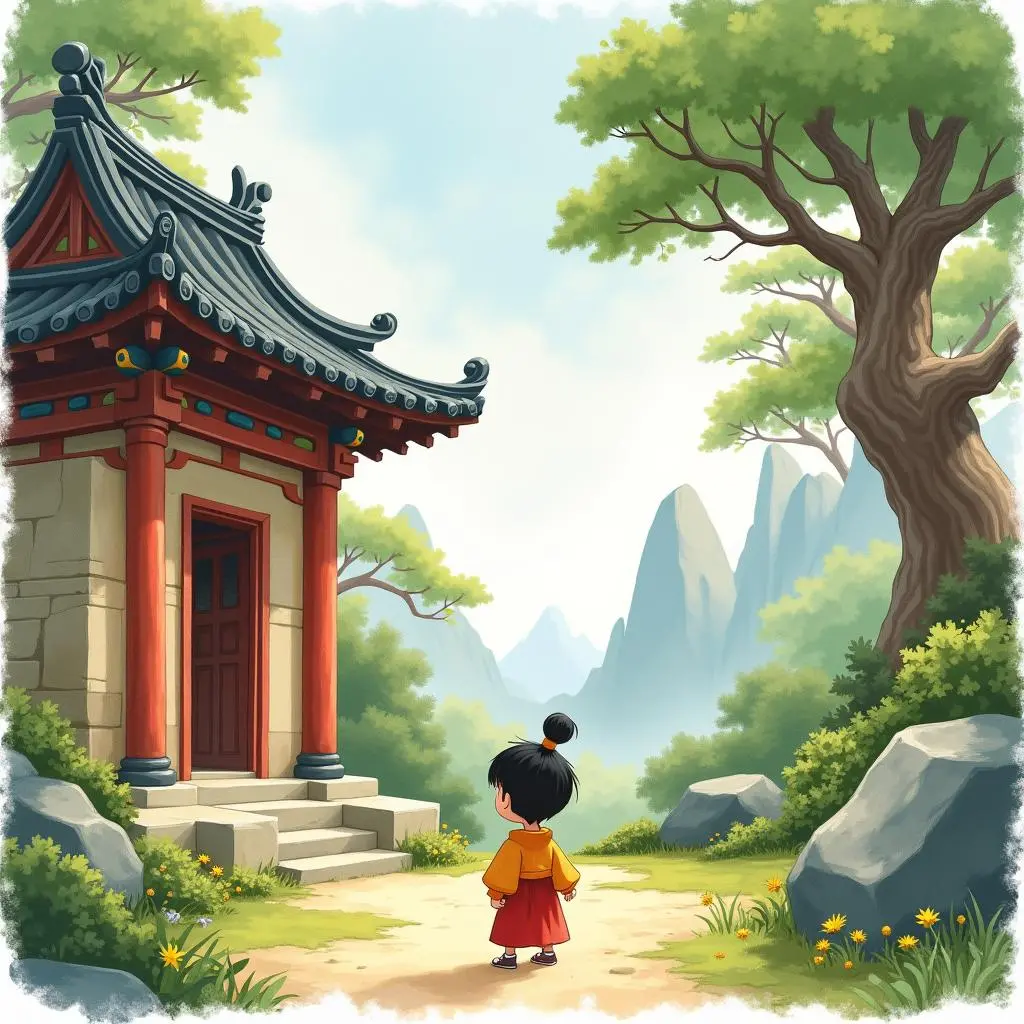 阿俊在古老庙宇前