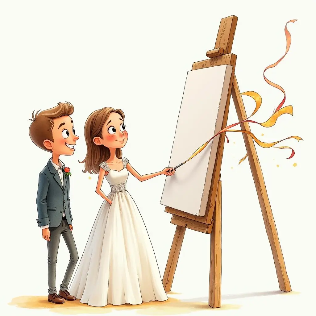 画家在为一对新婚夫妇画画