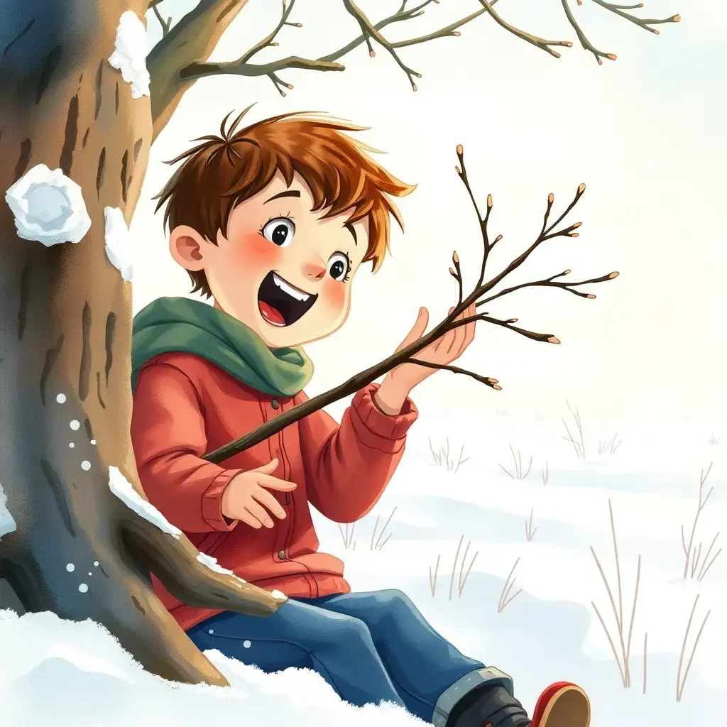 小男孩拿着树枝在雪地上画画