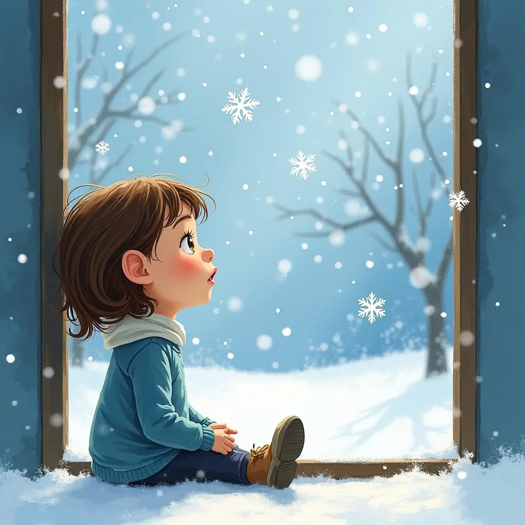 小女孩坐在窗前看着雪花