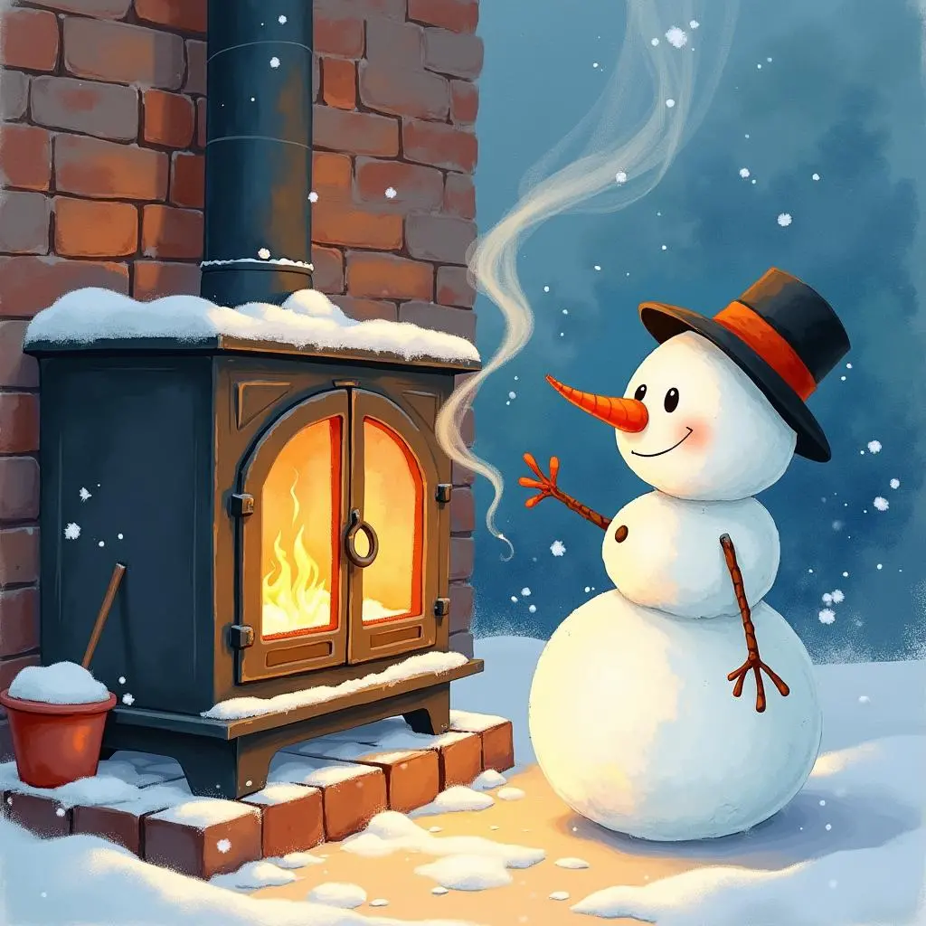 雪人好奇地看着屋内的火炉