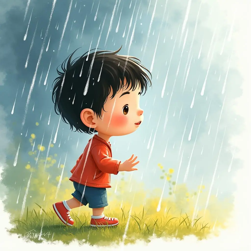 小明在雨中感受雨滴