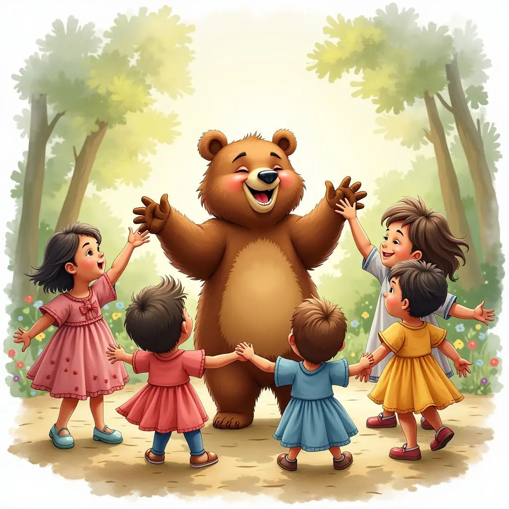 小熊和孩子们一起跳舞
