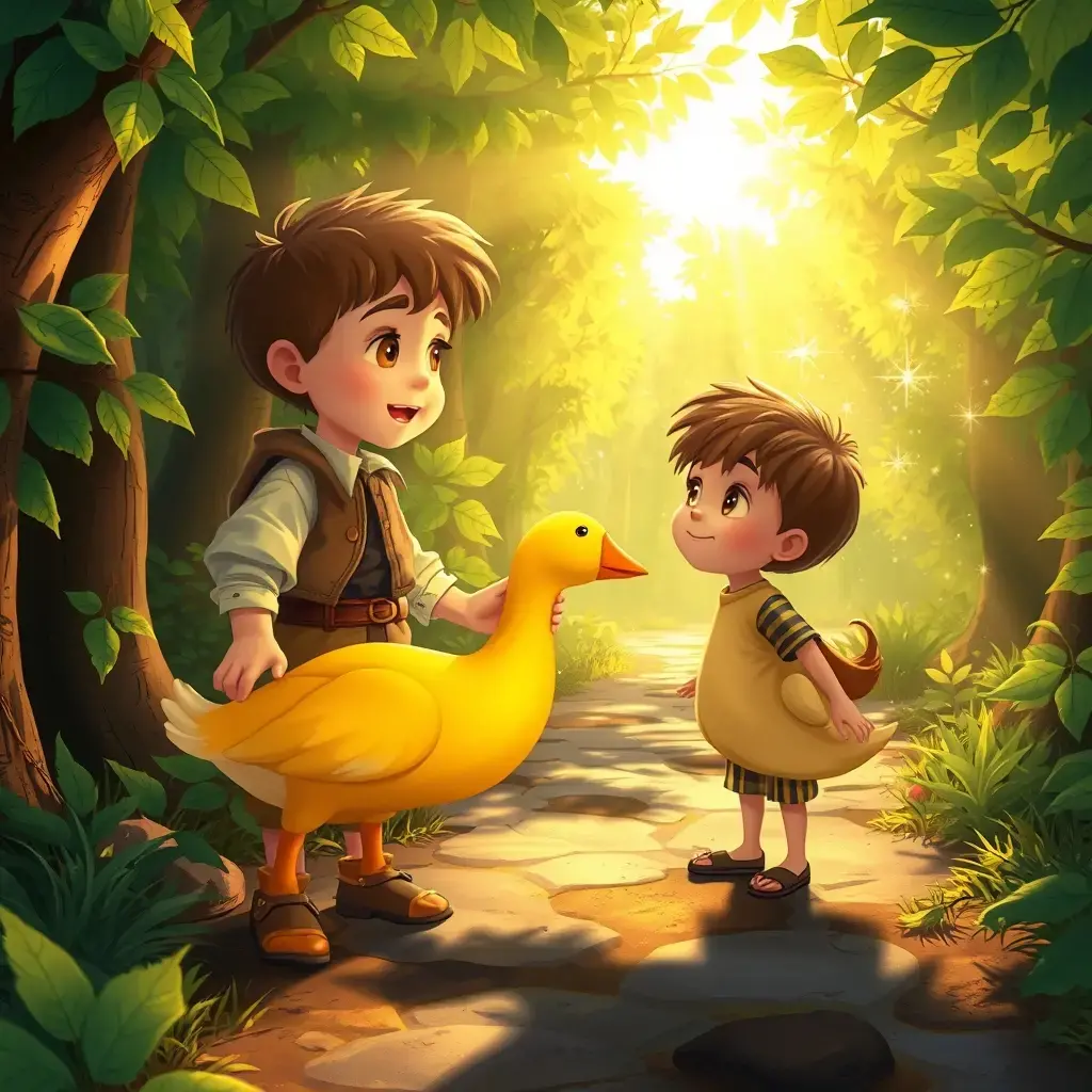 小伙子带着金鹅前行