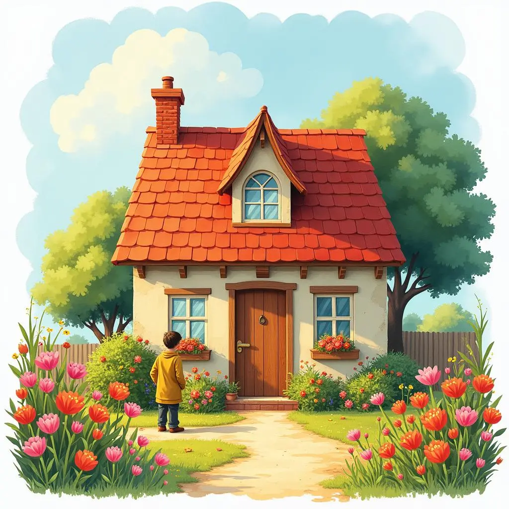 穷人幸福地站在充满生机的小屋前