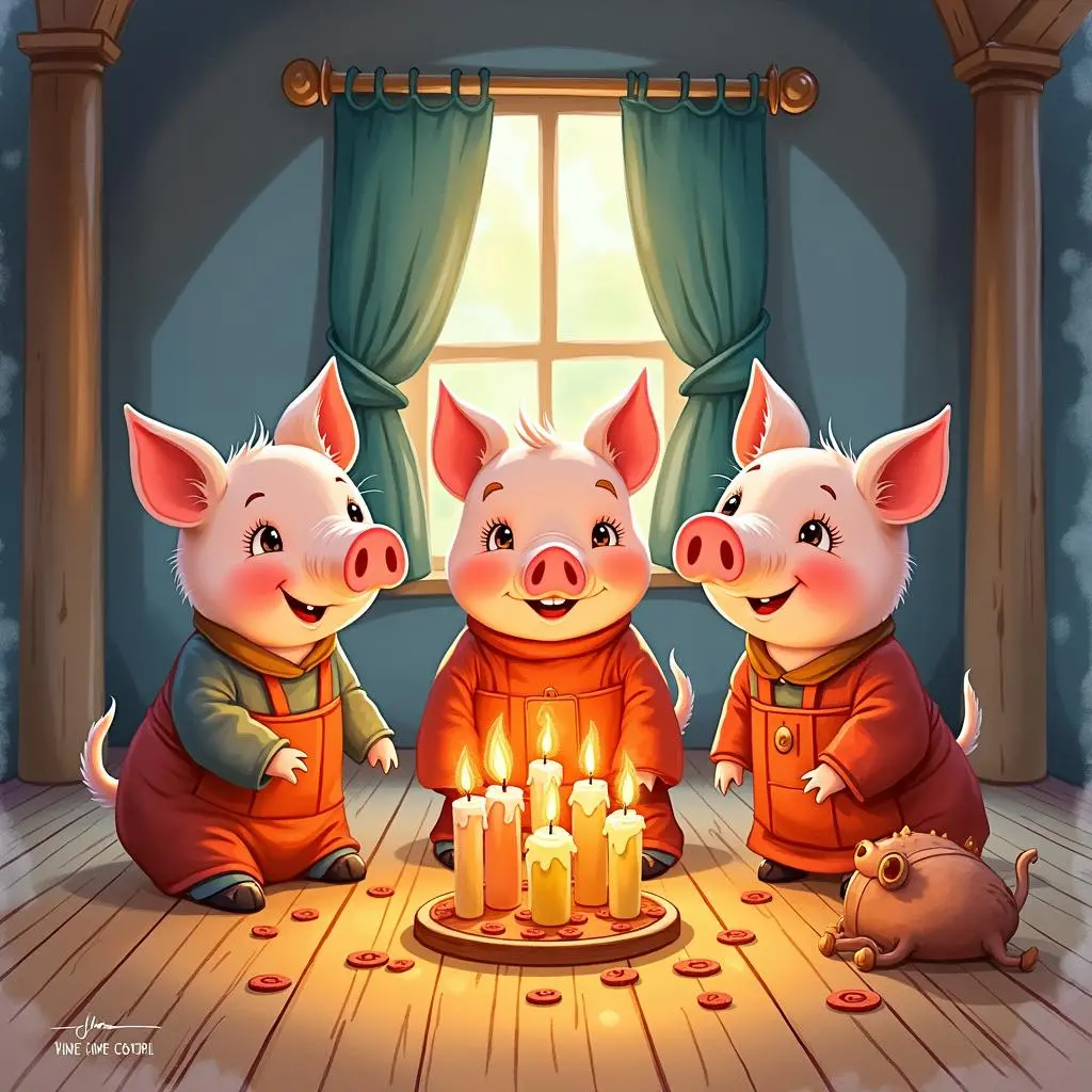 三只小猪在房子里庆祝