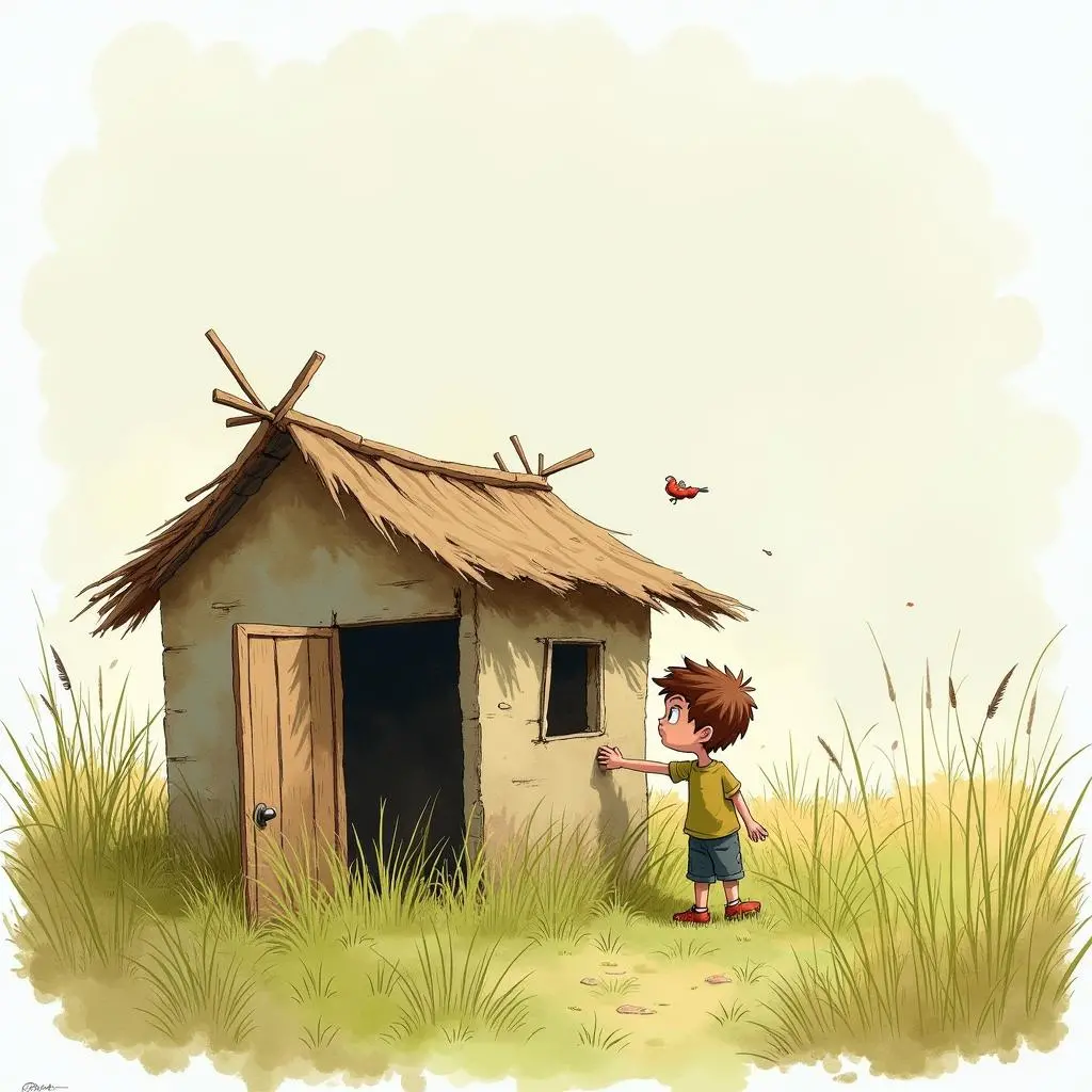 小儿子在破旧小屋前