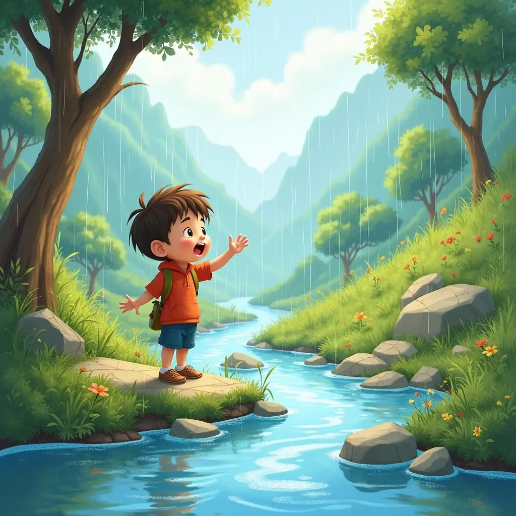 汉斯在雨中的山谷里发现了智慧泉水，泉水清澈见底，周围有奇异的花草，泉水散发着微光