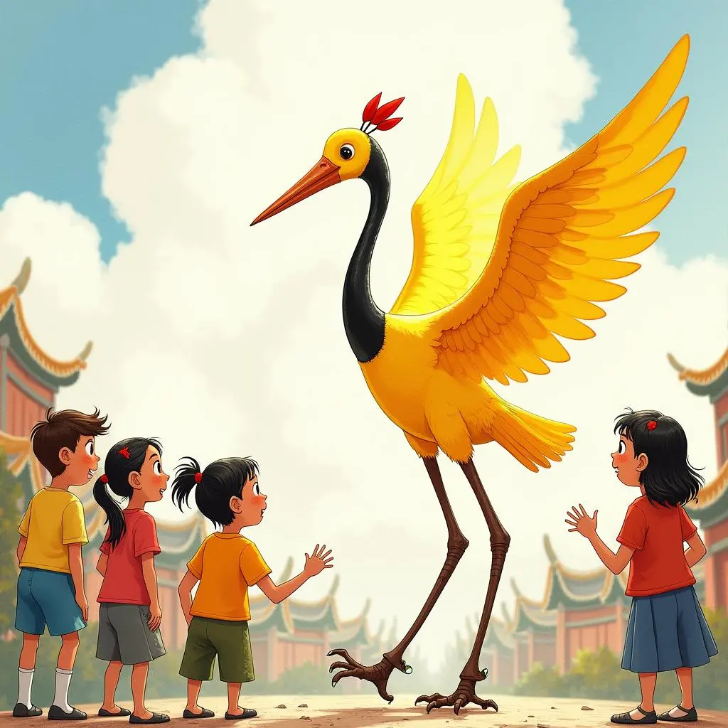 The yellow crane flies down from the wall to dance